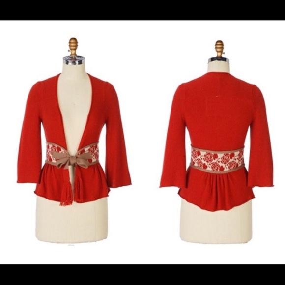 Anthropologie Sweaters - Anthropologie Red Knit Floral Belt Sweater